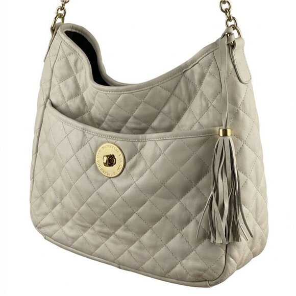 Isaac Mizrahi Quilted Leather Shoulder Bag Tassel Gold Chain Straps‎ Ivory Beige